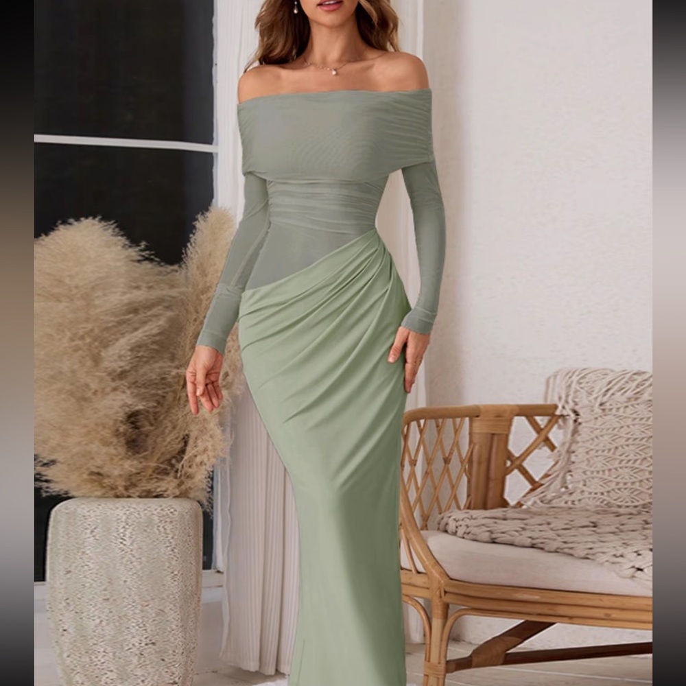 Elegant Off-Shoulder Sage Green Dress - Picture 5 of 8